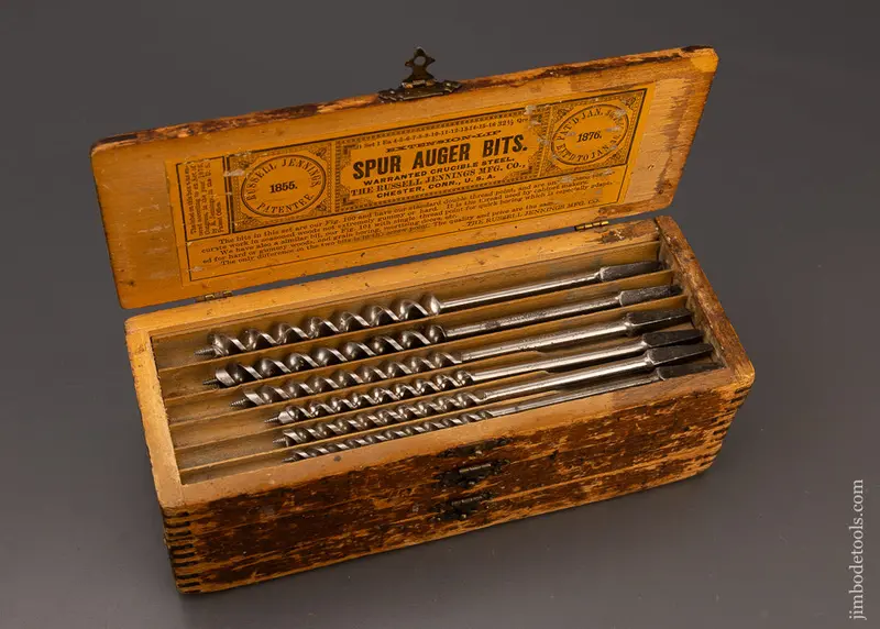 Complete Matched Set Of Made In Usa Russell Jennings Auger Bits Near Mint In Original 3 Tier Wooden Box - 111331 1