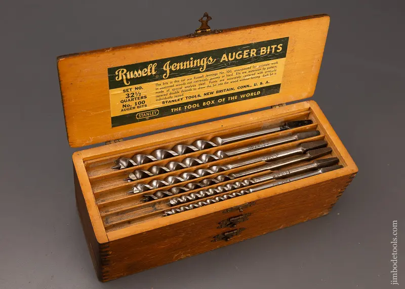 Complete Matched Set Of Made In Usa Russell Jennings Auger Bits Near Mint In Original 3 Tier Wooden Box - 111332 1