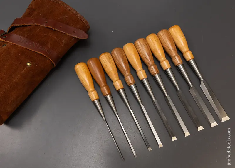 Dead Mint Set Of 9 Lie Nielsen Bevel Edge Socket Chisels In Original Leather Roll - 109432 1
