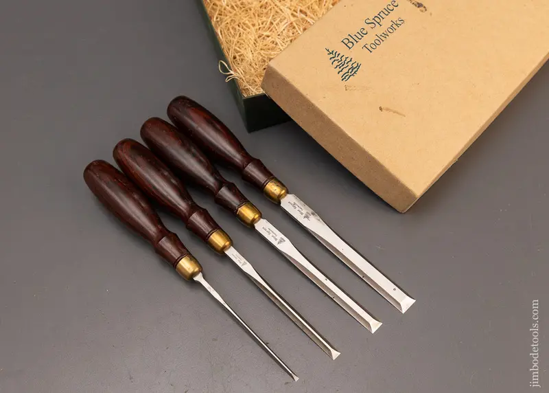 Fine Set Of 4 Blue Spruce Tool Works Dovetail Chisels With Cocobolo Handles - 111169 1