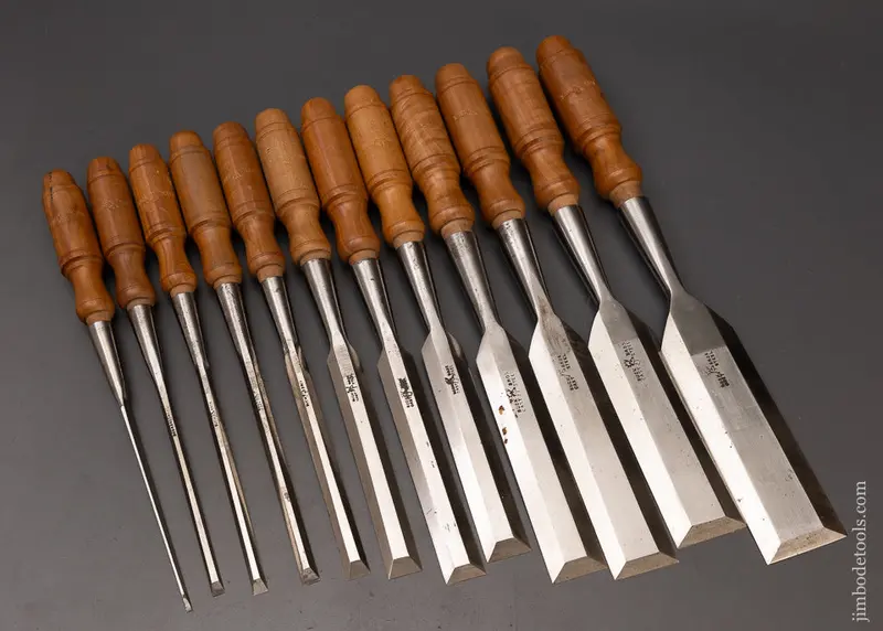 New Old Stock Complete Set Of 12 Buck Bros. Bevel Edge Socket Firmer Chisels - 111889 1