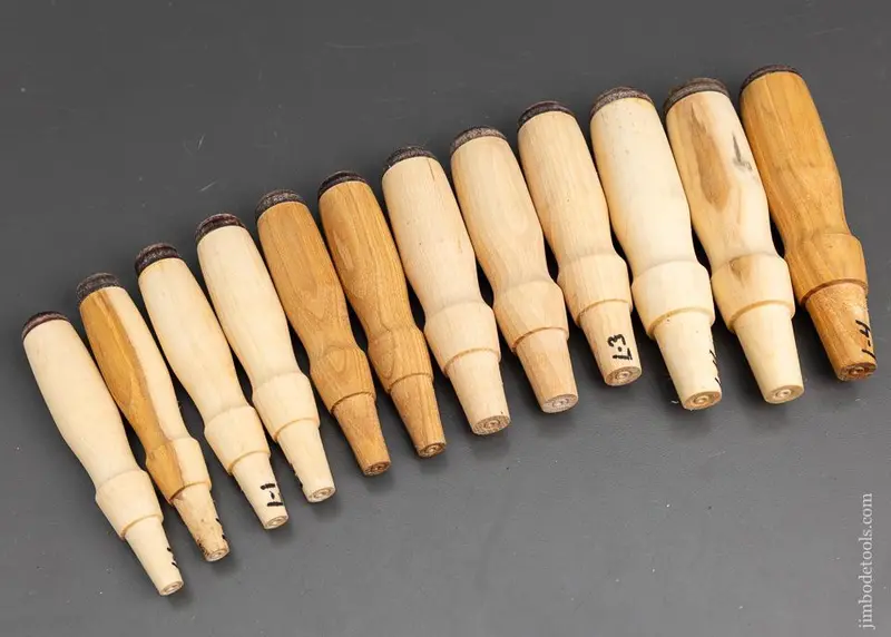 New Set Of 12 James Swan Witherby Type Leather Capped Hickory Chisel Handles * 95917M 1