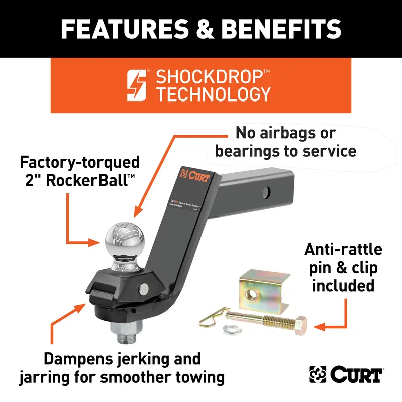 Curt 45144 Rockerball Cushioned Hitch Receiver – 2" Ball, 5" Drop, 7,500 Lb Capacity 1