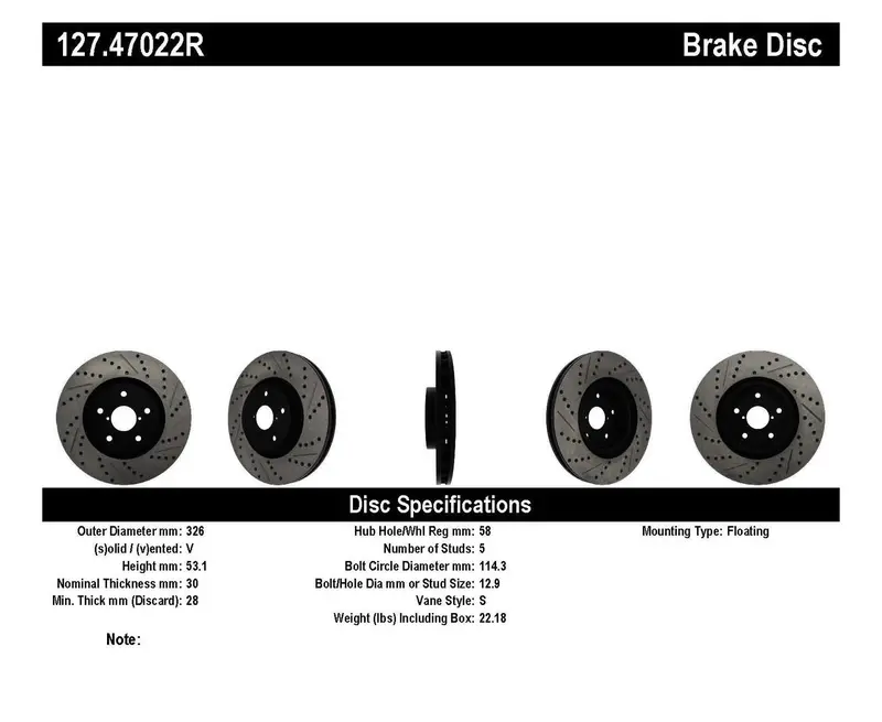 Stoptech 127.47022R Stoptech Sport Drilled/Slotted Brake Rotor; Front Right 1